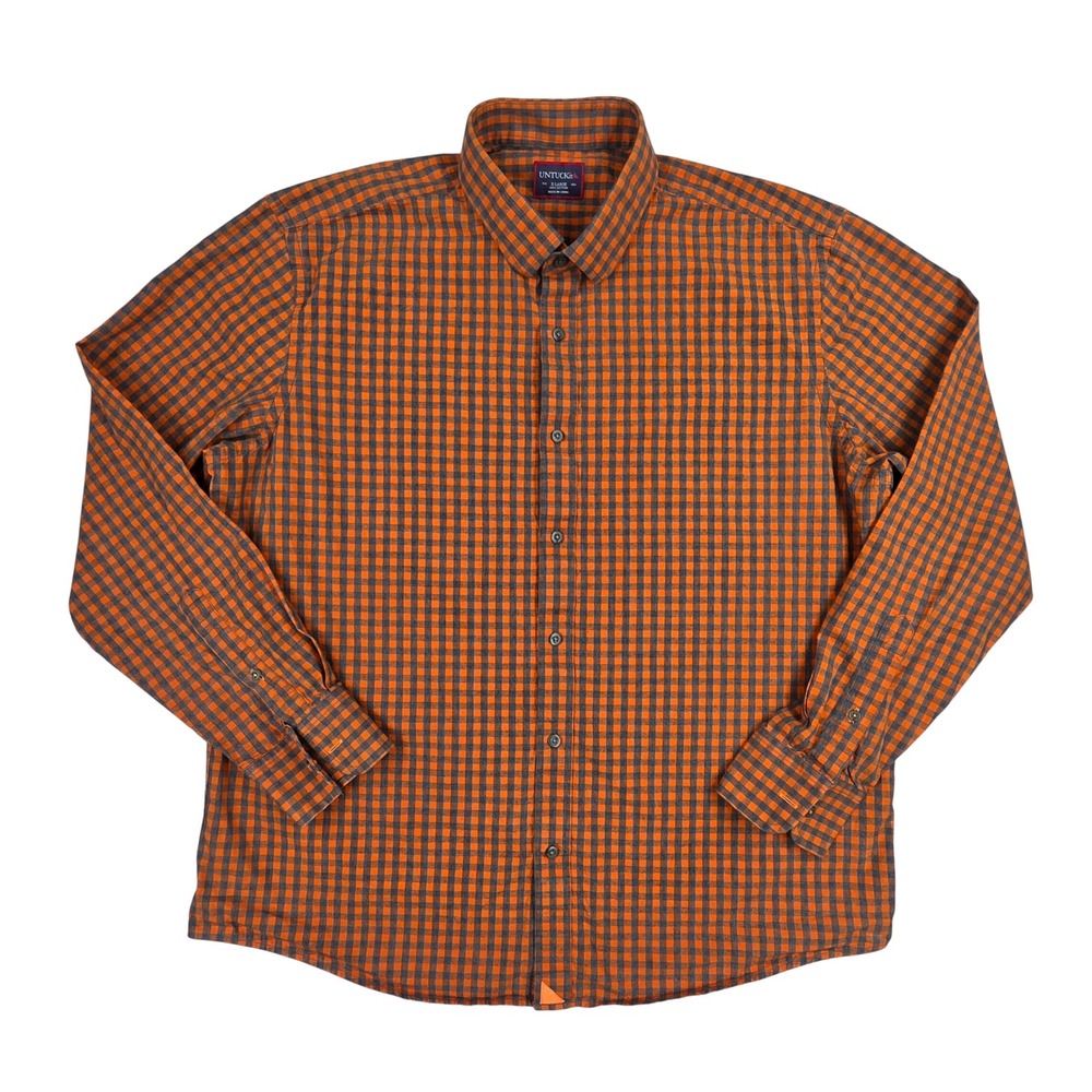 UNTUCKit Mens XL Orange Grey Gingham Cotton Button Down Shirt Long Sleeve
